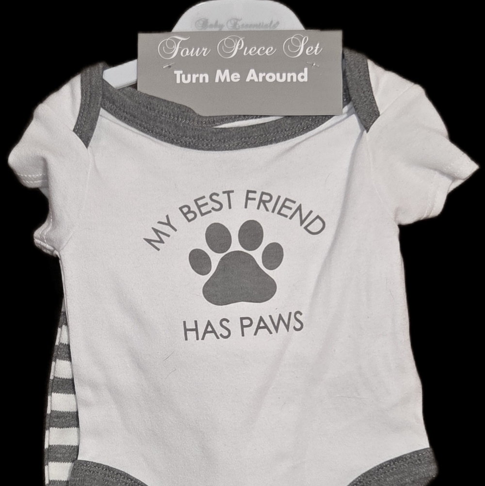 Baby Essentials Gray and White Onesie/pants/hat/socks Set